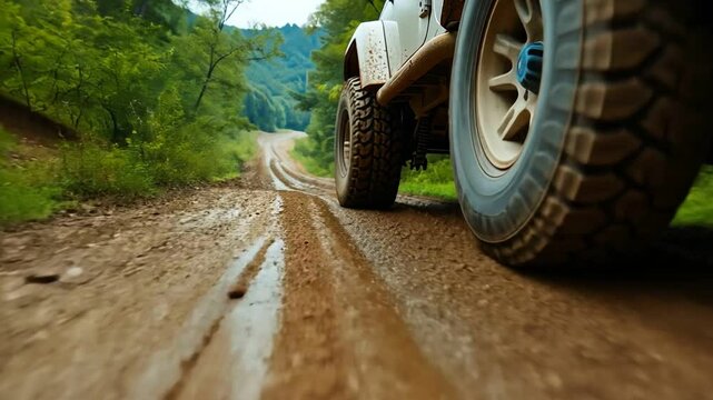 Off-road truck navigating muddy forest trail, vibrant foliage, action scene,