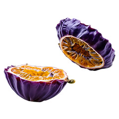 Dried passion fruit halves dark purple and slightly wrinkled arranged in a spiral pattern on