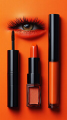 Obraz premium Product Photography: High-quality images of cosmetics or fashion accessories displayed against a bright orange backdrop, highlighting their colors and details.