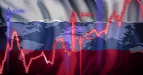Stock market data animation over world map and Russia flag - Powered by Adobe