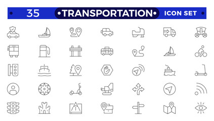 Transportation outline icon set. Thin line style of bus, car, truck and train.