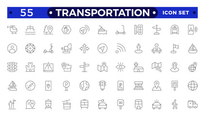 Transportation outline icon set. Thin line style of bus, car, truck and train.