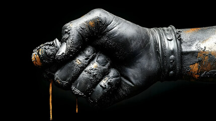 A clenched black fist with a textured surface, symbolizing strength.