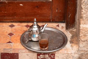 Teapot & Moroccan Tea on Doorstep, Essaouira Morocco