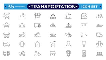 Transportation outline icon set. Thin line style of bus, car, truck, and train. Editable stroke outline icon.
