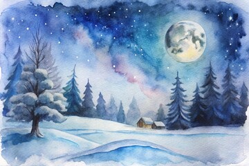 Naklejka premium a watercolor painting of a serene winter night scene. It features a snowy landscape with a forest of tall, dark evergreen trees. In the foreground, there is a snow-covered field 