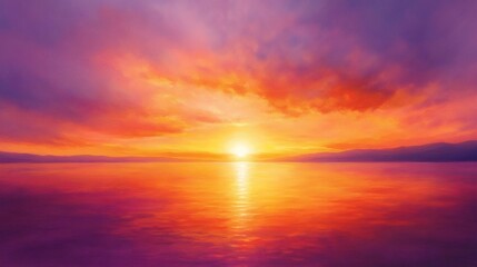 Fototapeta premium A breathtaking sunset over a calm lake with the sun setting behind a mountain range.
