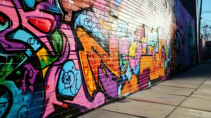 Obraz premium A brick wall covered in colorful graffiti art in an urban setting.
