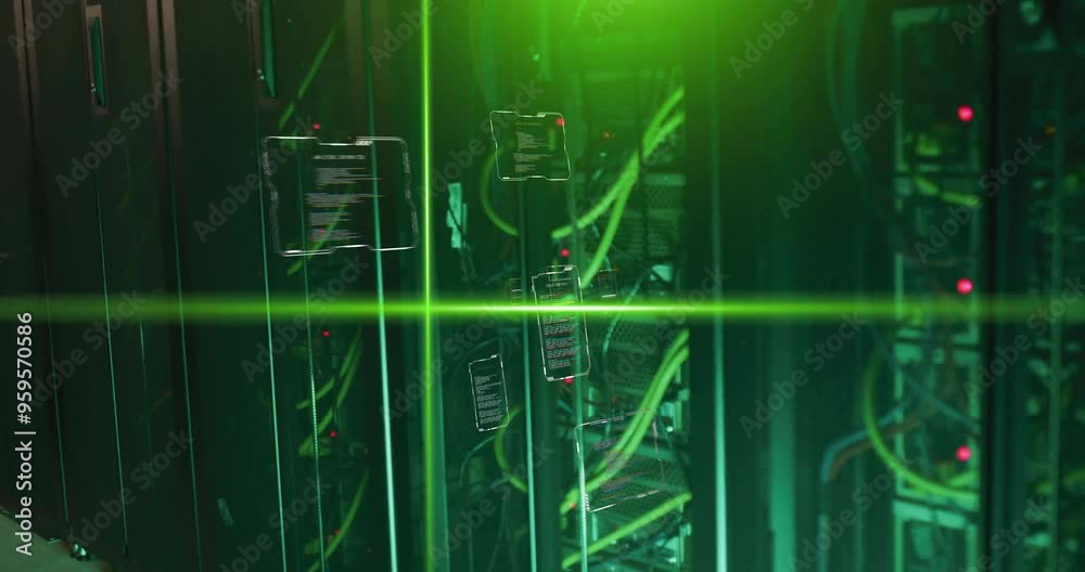 Poster green laser scanning over server racks and digital data processing animation