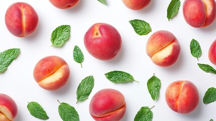A vibrant arrangement of peaches and mint leaves on a white background.