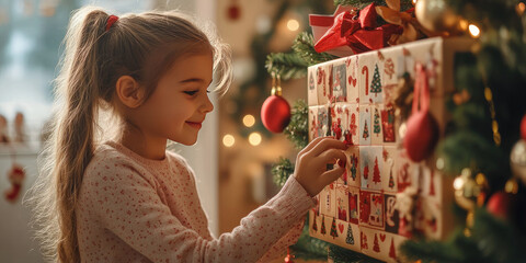 Excited girl opening festive advent calendar at cozy home, counting down to christmas with surprises and twinkling lights
