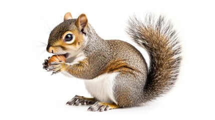 Fototapeta premium Squirrel Enjoying a Nut, Isolated on White