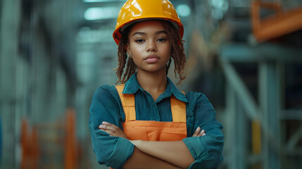A confident young woman in safety gear stands in an industrial setting.