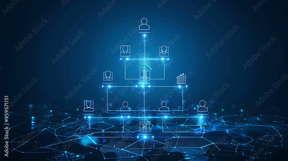 Poster digital illustration of network structure with hierarchical organization line icons for teamwork com