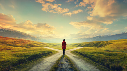 Woman Standing At A Fork In The Road Leading To Mountains Under A Cloudy Sky