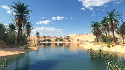 Obraz premium A calm oasis in the desert with palm trees, a sandy beach, and a clear blue sky.
