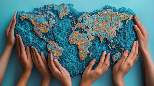 Diverse hands holding world map symbolizing unity, compassion, and global humanitarian support for World Humanitarian Day and global aid