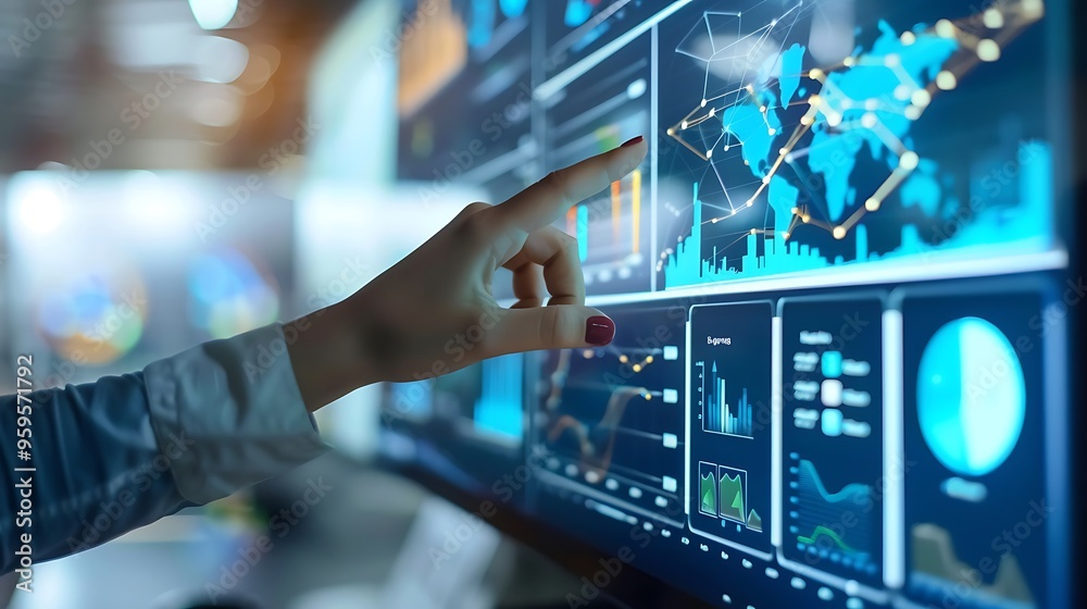 Poster hand interacting with digital screen data graph diagram visualization dashboard for concept of using