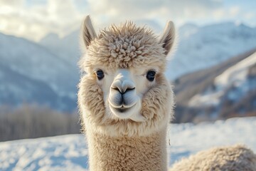 An alpaca with soft, friendly fur stands against a mountain backdrop, bathed in warm light