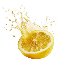 Fresh lemon slice splashing in clear water droplet, cut out - stock png.