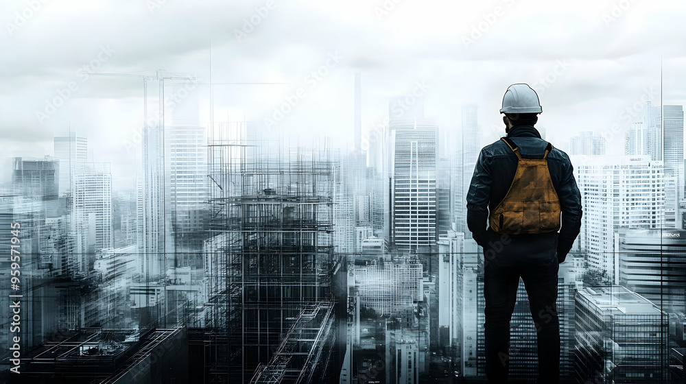 Poster A construction worker overlooks a city skyline under a cloudy sky.