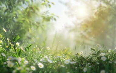 Obraz premium Sunlit meadow with white flowers and green foliage.