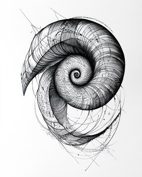 recommend clip art: A detailed, intricate black and white illustration of a nautilus shell with a geometric pattern.