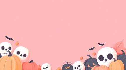 This Halloween-themed flat vector background showcases a charming border of pumpkins and skulls. The design is minimalist, with a cute, cartoonish clipart style. Set against a pink background, the