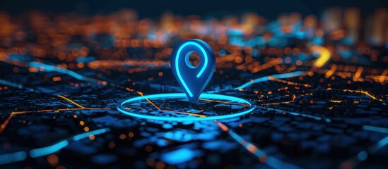 Glowing Location Pin over a Digital Cityscape