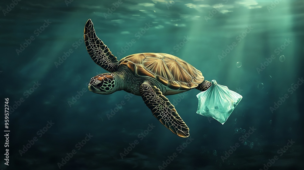 Wall mural sea turtle entangled in plastic waste