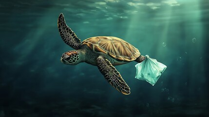 Obraz premium Sea Turtle Entangled in Plastic Waste