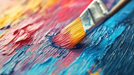 Fototapeta premium A close-up of a vibrant paintbrush gliding over colorful textured paint, showcasing the beauty of artistic expression.