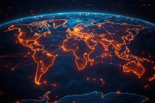 A stylized map of the world with bright lines connecting major cities to the United States, symbolizing America's global reach in commerce and culture