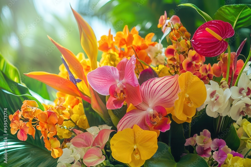 Canvas Prints Tropical flowers including bright orchids and birds of paradise create a lively and colorful floral arrangement. Generative AI