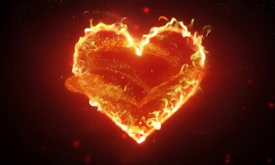 A heart made of fire is lit up in the dark. Concept of passion and intensity, as the flames seem to be dancing and flickering around the heart. The contrast between the bright red flames