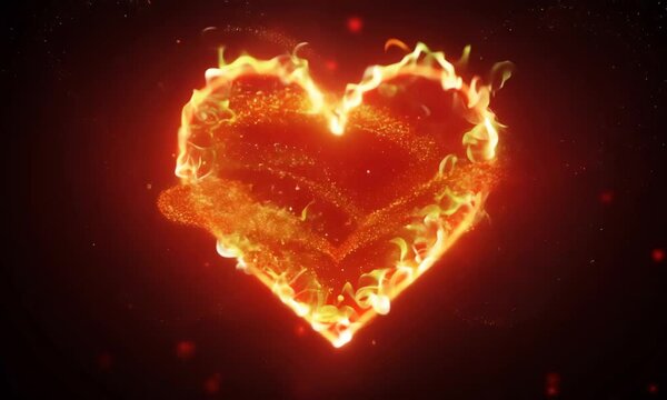 A heart made of fire is lit up in the dark. Concept of passion and intensity, as the flames seem to be dancing and flickering around the heart. The contrast between the bright red flames