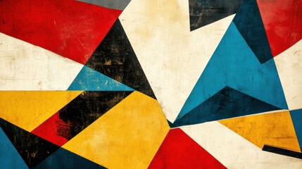 The artwork features a lively arrangement of angular shapes in red, blue, yellow, and black, creating an eye-catching abstract design