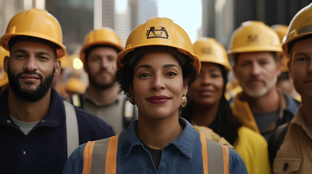 A diverse group of construction workers in safety gear.