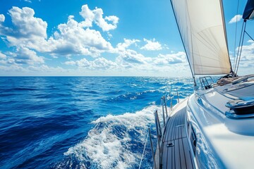 Fototapeta premium A close-up view of a sailing yacht cruising through blue ocean waves under a bright sky with fluffy white clouds, symbolizing freedom and adventure.