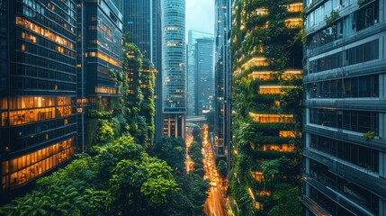 Obraz premium A vibrant urban scene showcasing towering skyscrapers adorned with greenery, illuminated streets, and a sense of modern eco-living.