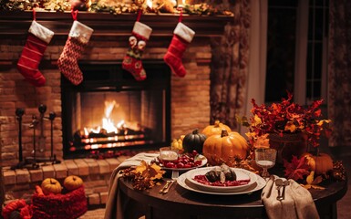 Cozy Fireplace Gathering with Thanksgiving Feast