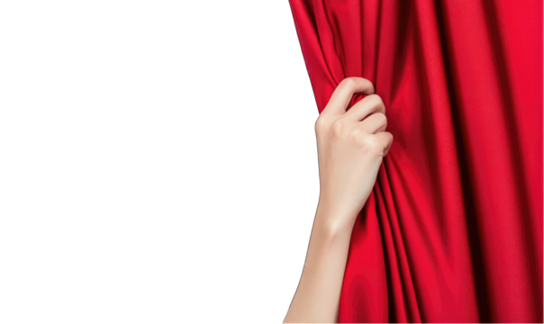 A hand is pulling back a red curtain