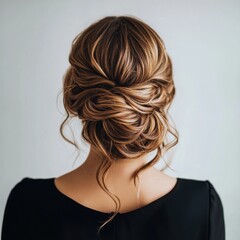 Obraz premium A woman with a long, curly brown hair is wearing a black dress and a black hat