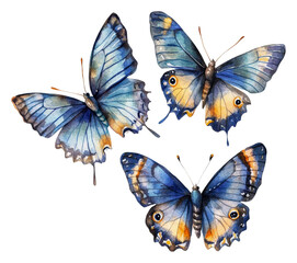 Fototapeta premium Vivid blue butterflies watercolor art, cut out - stock png.