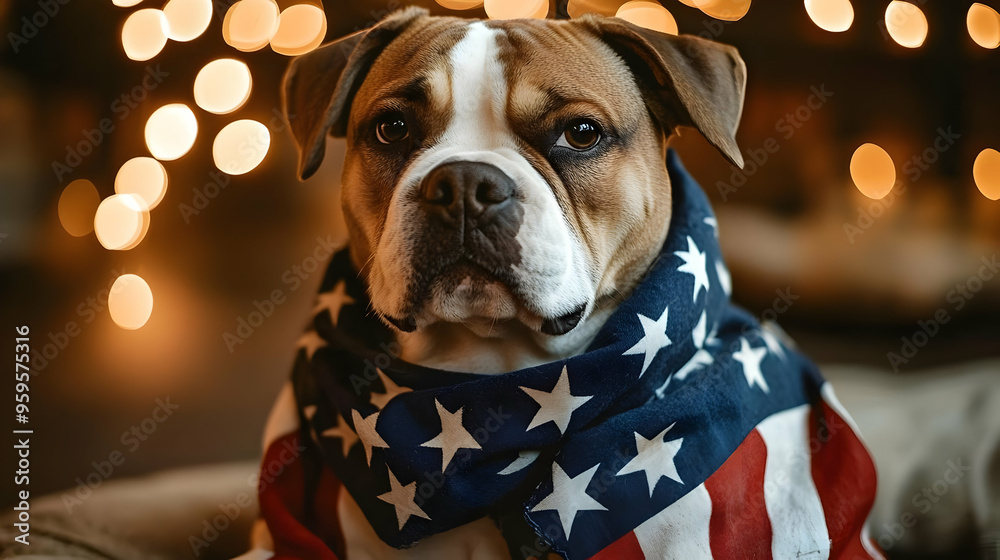 Canvas Prints A dog wearing an American flag scarf with a soft background.