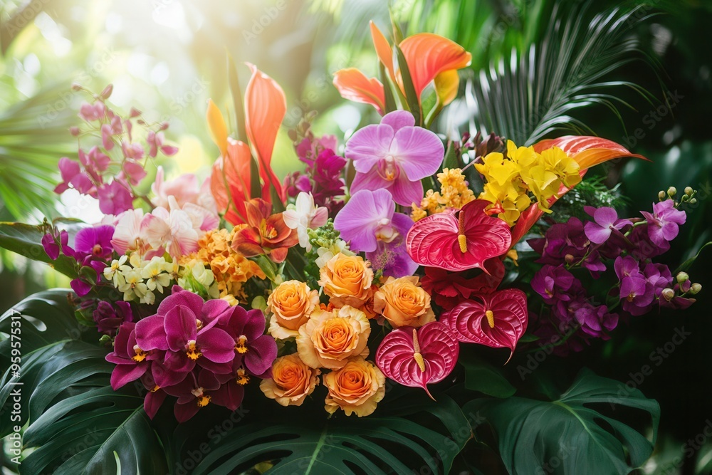 Poster this stunning bouquet showcases tropical flowers like orchids and birds of paradise, creating a brig