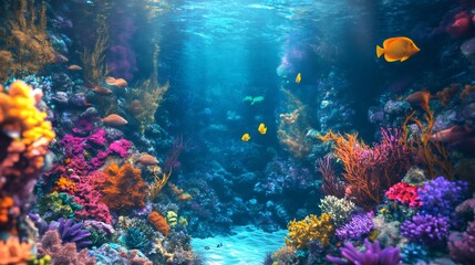 A colorful underwater scene with coral reefs, seaweed, and fish swimming through the blue water.