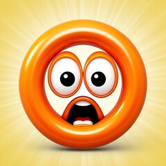 3D circle with large round eyes and an open wide mouth, bright orange with a glossy finish, set against a light yellow radiant background