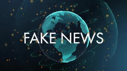 Fake News text animation over rotating digital globe with glowing particles - Powered by Adobe