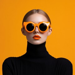 A woman wearing orange sunglasses and orange lipstick poses for a photo